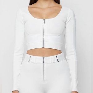 Mid riff cotton & vegan leather body con crop top with zipper detail